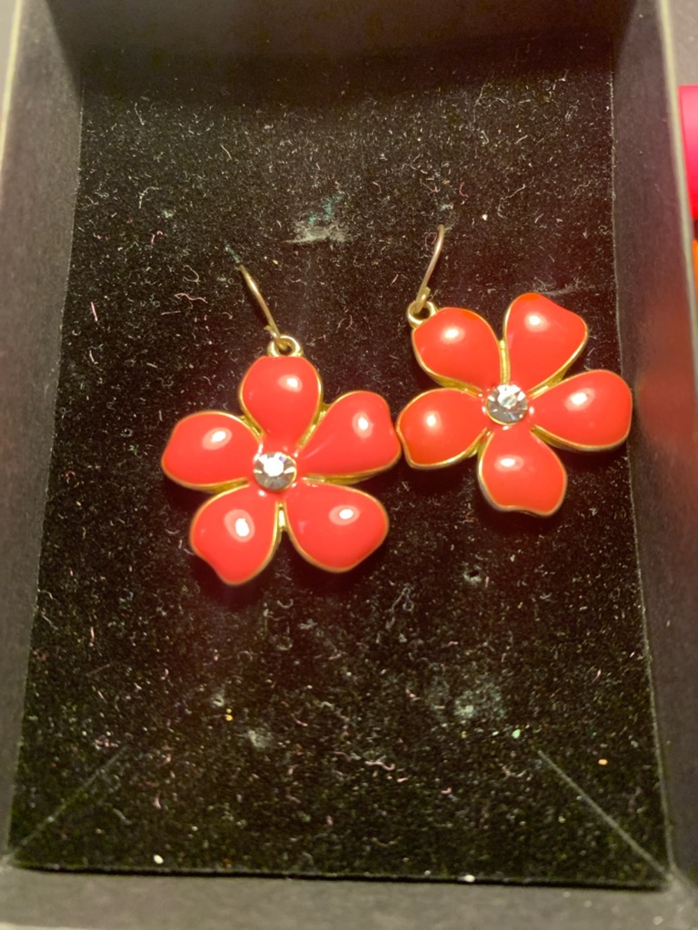 Red Flower Dangle Earrings with Crystal Center - Women Jewelry
